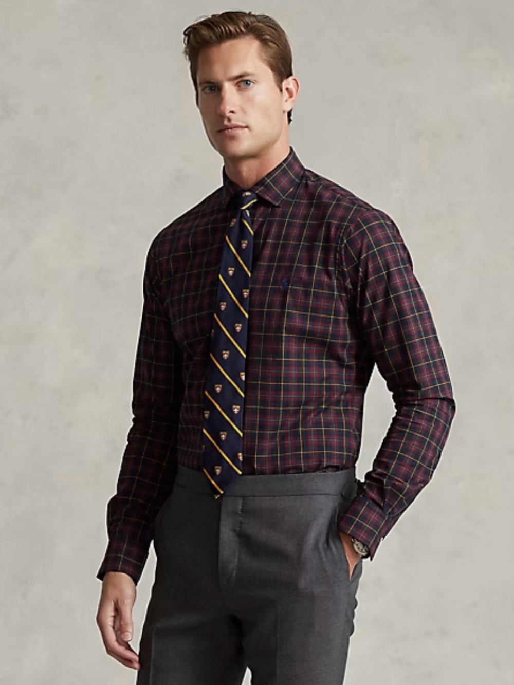 Polo Ralph Lauren Men’s Classic Fit Plaid Stretch Poplin Shirt In Wine/Navy XL